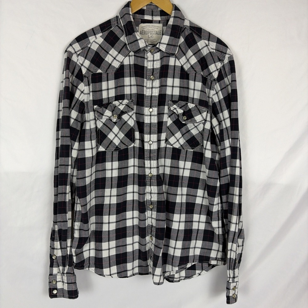 Aeropostale Mens Large Black White Plaid Western Pearl Snap Long Sleeve Cotton